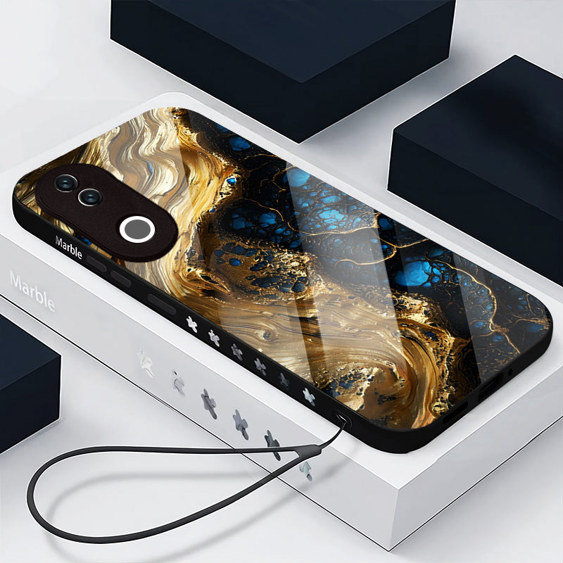 Vivo V50 5G Premium Acrylic Shockproof Glass Back Case (Blue & Gold Marble)