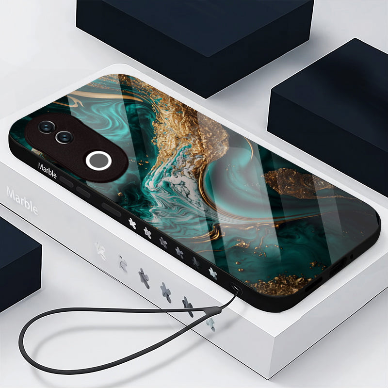 Vivo V50 5G Premium Acrylic Shockproof Glass Back Case (Teal Gold Marble)