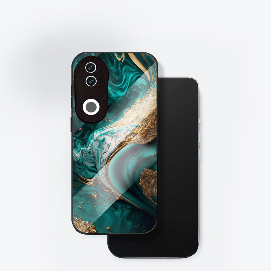 Vivo V50 5G Premium Acrylic Shockproof Glass Back Case (Teal Gold Marble)