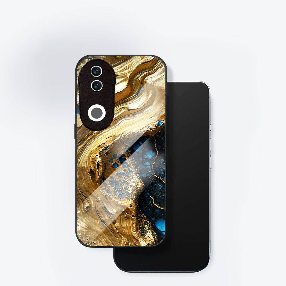 Vivo V50 5G Premium Acrylic Shockproof Glass Back Case (Blue & Gold Marble)
