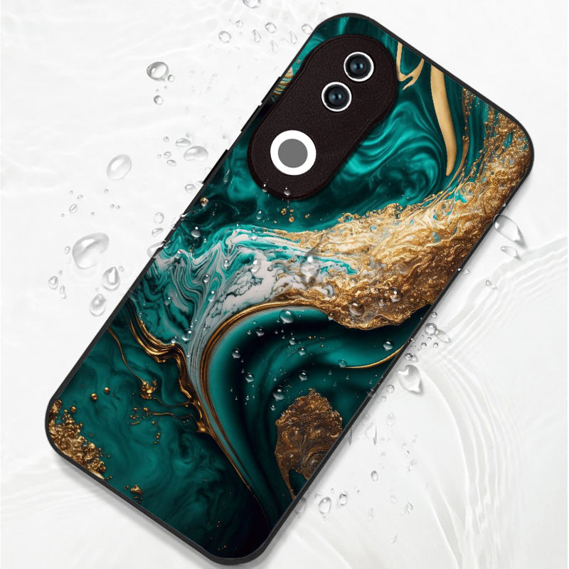 Vivo V50 5G Premium Acrylic Shockproof Glass Back Case (Teal Gold Marble)