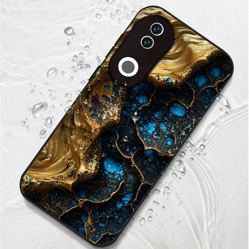 Vivo V50 5G Premium Acrylic Shockproof Glass Back Case (Blue & Gold Marble)