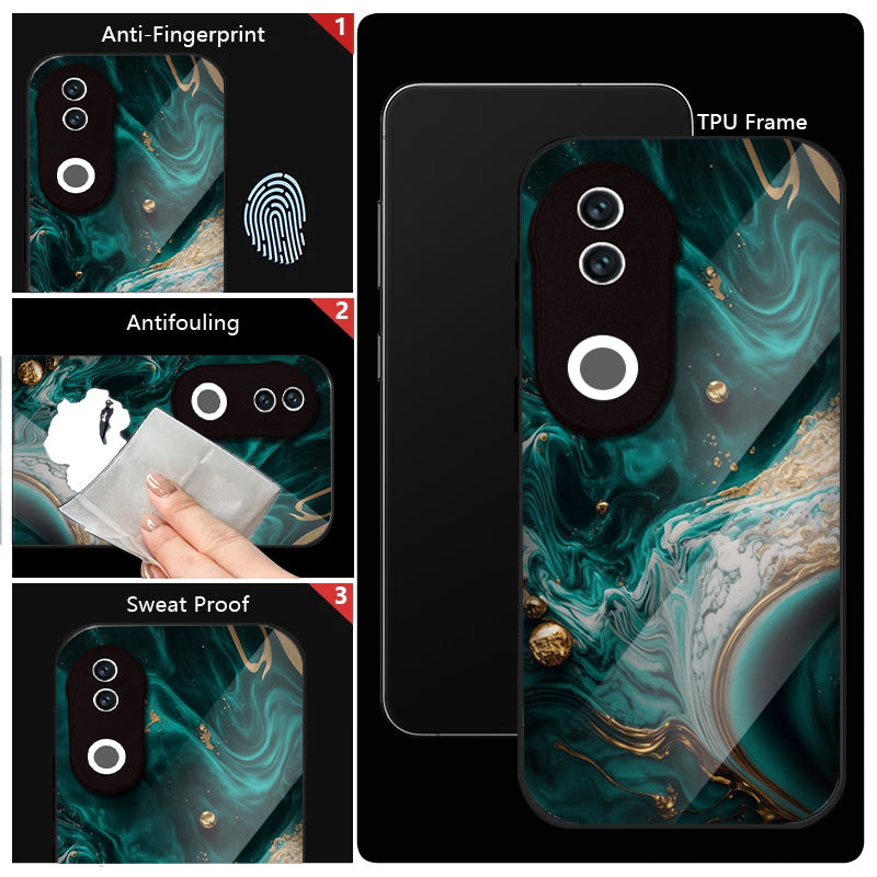 Vivo V50 5G Premium Acrylic Shockproof Glass Back Case (Teal Gold Marble)