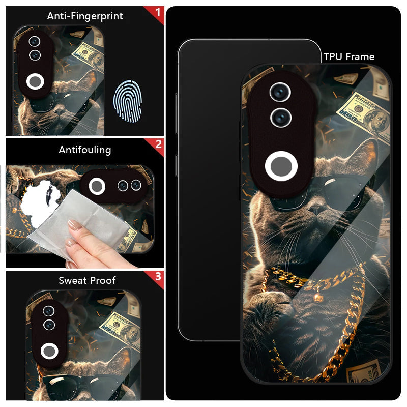 Vivo V50 5G Premium Acrylic Shockproof Glass Back Case (Money Cat Drip)