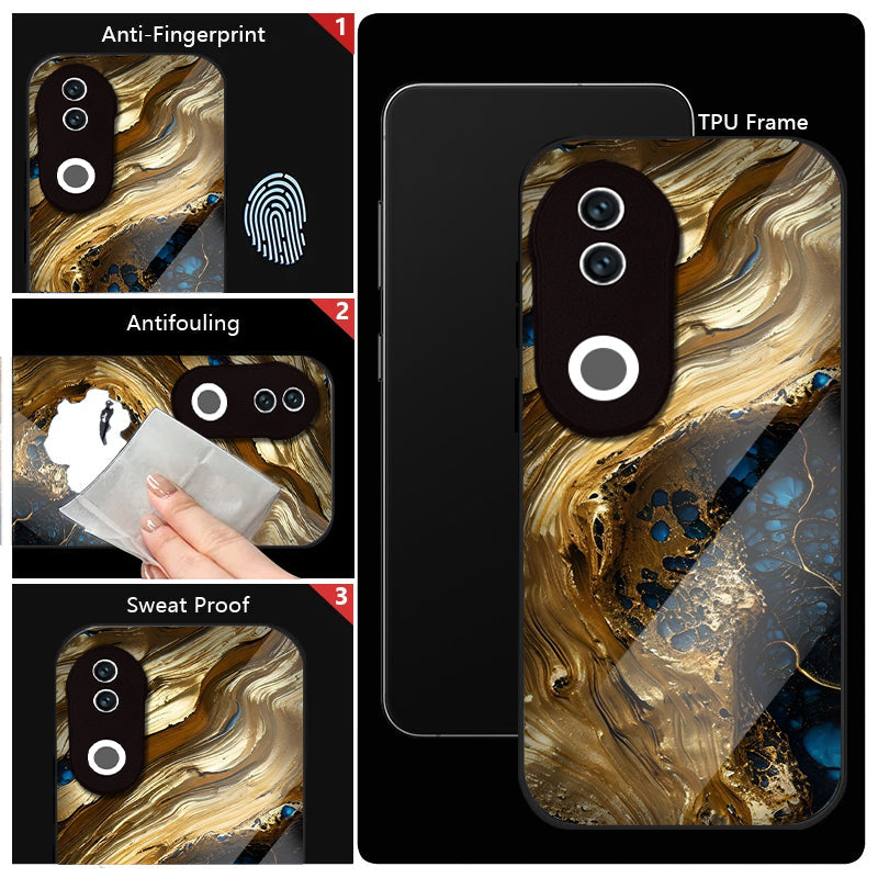 Vivo V50 5G Premium Acrylic Shockproof Glass Back Case (Blue & Gold Marble)