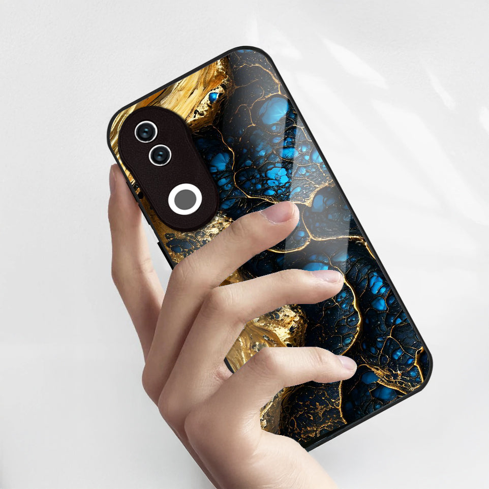 Vivo V50 5G Premium Acrylic Shockproof Glass Back Case (Blue & Gold Marble)