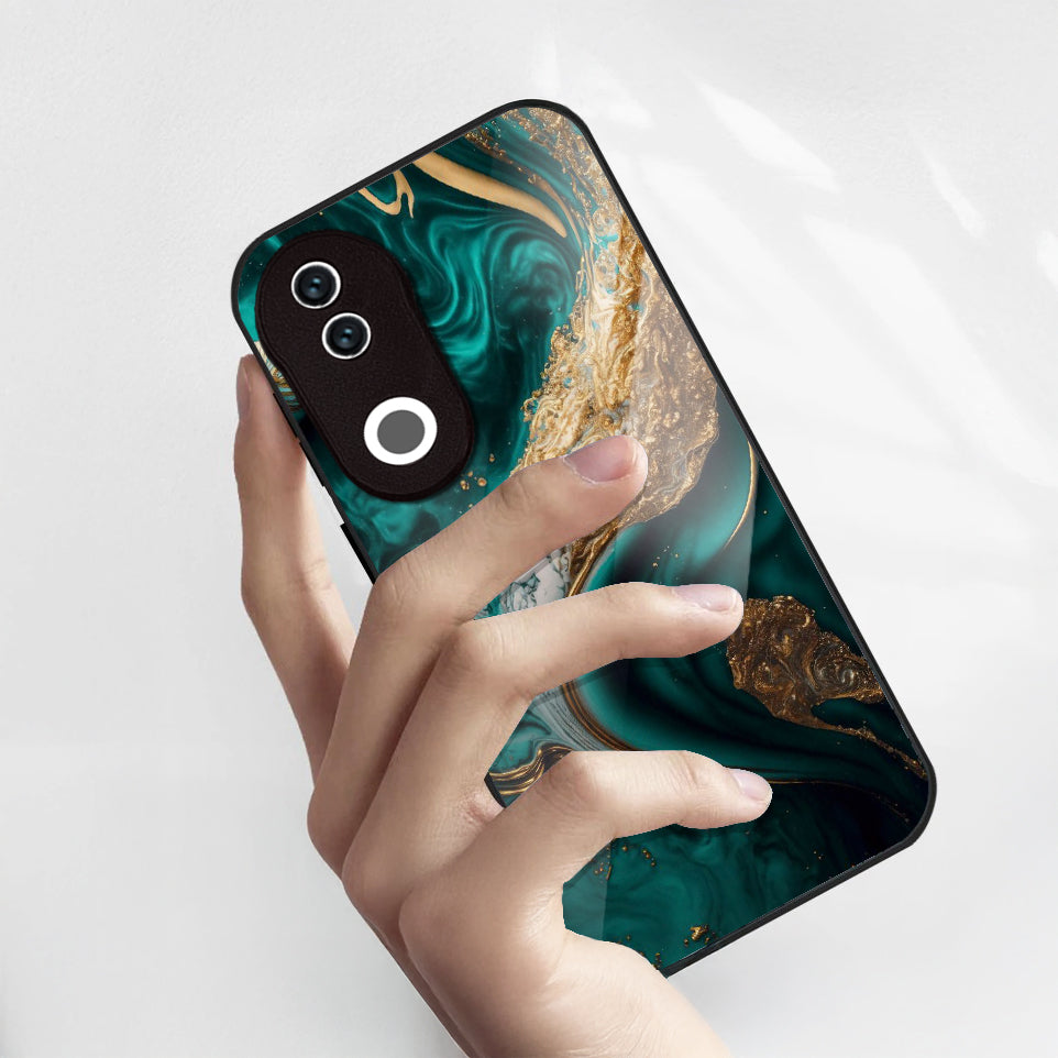Vivo V50 5G Premium Acrylic Shockproof Glass Back Case (Teal Gold Marble)