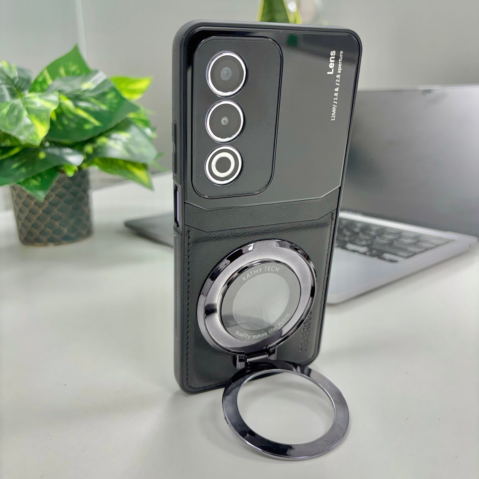Oppo A3 Pro 5G Original Luxury Leather Lens Magnifier Ring Stand Case