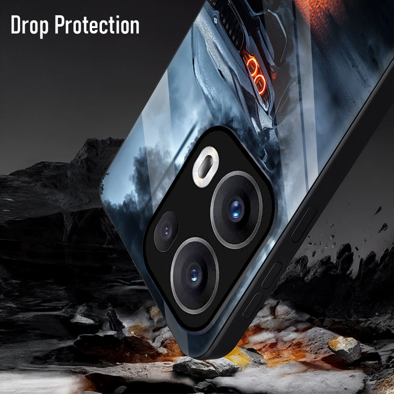 Oppo Reno13 5G Premium Acrylic Shockproof Glass Back Case (Fire Track Fury)